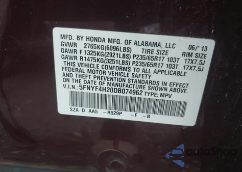 2013 Honda Pilot Lx z USA, uszkodzony, nr VIN 5FNYF4H20DB074962